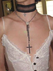 PROD 2PC Set Mora Lace & Cross Necklace Set /Black