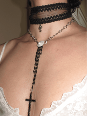 PROD 2PC Set Mora Lace & Cross Necklace Set /Black