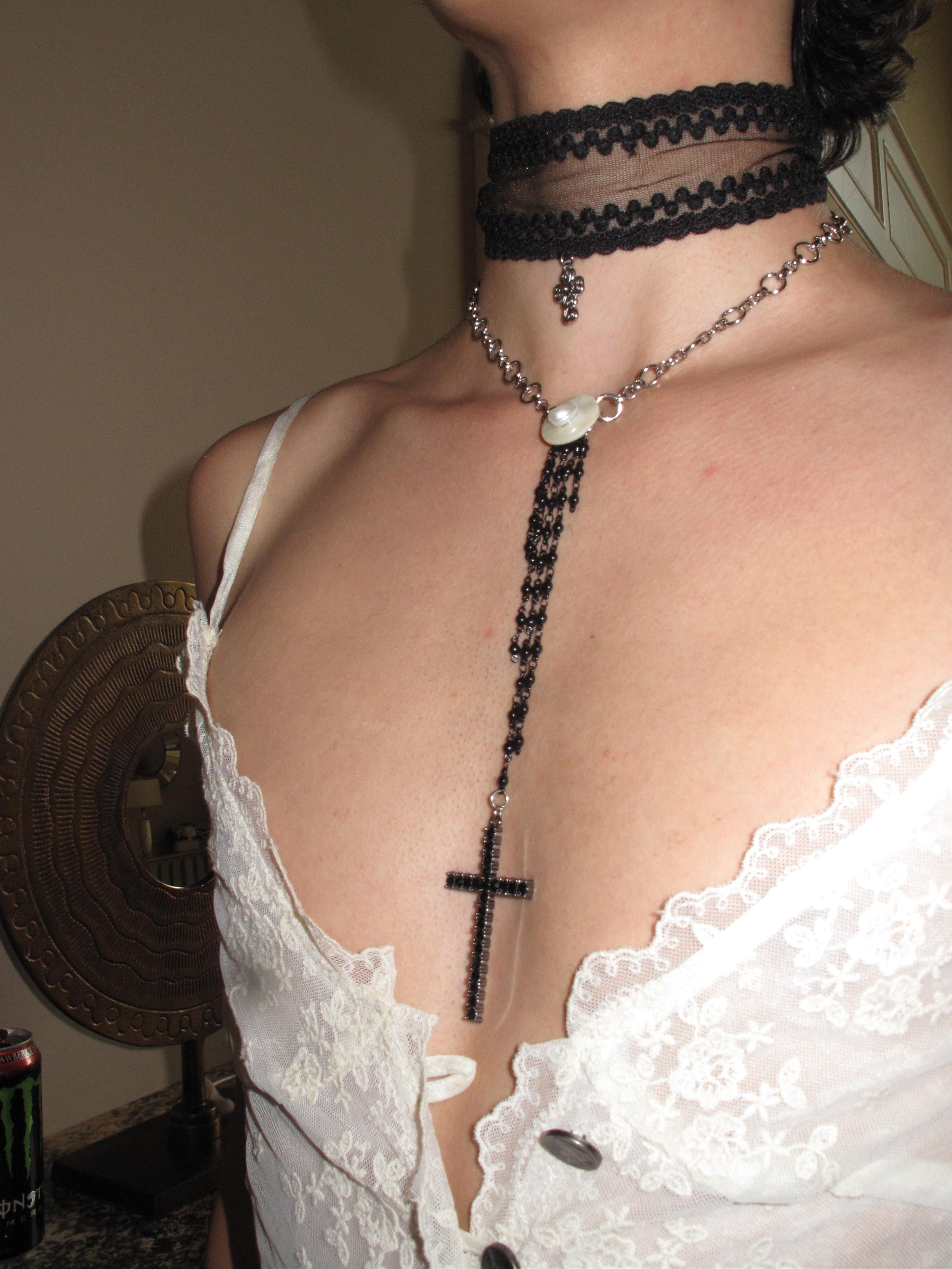 PROD 2PC Set Mora Lace & Cross Necklace Set /Black