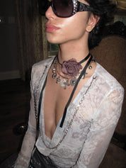 PROD 2PC Set Roselle Rose & Charm Necklace Set /Mauve