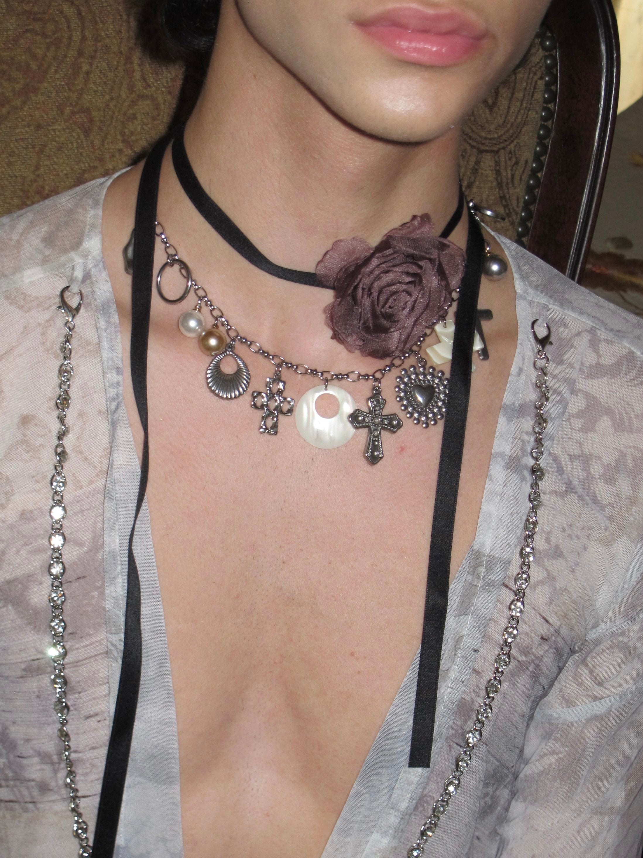 PROD 2PC Set Roselle Rose & Charm Necklace Set /Mauve