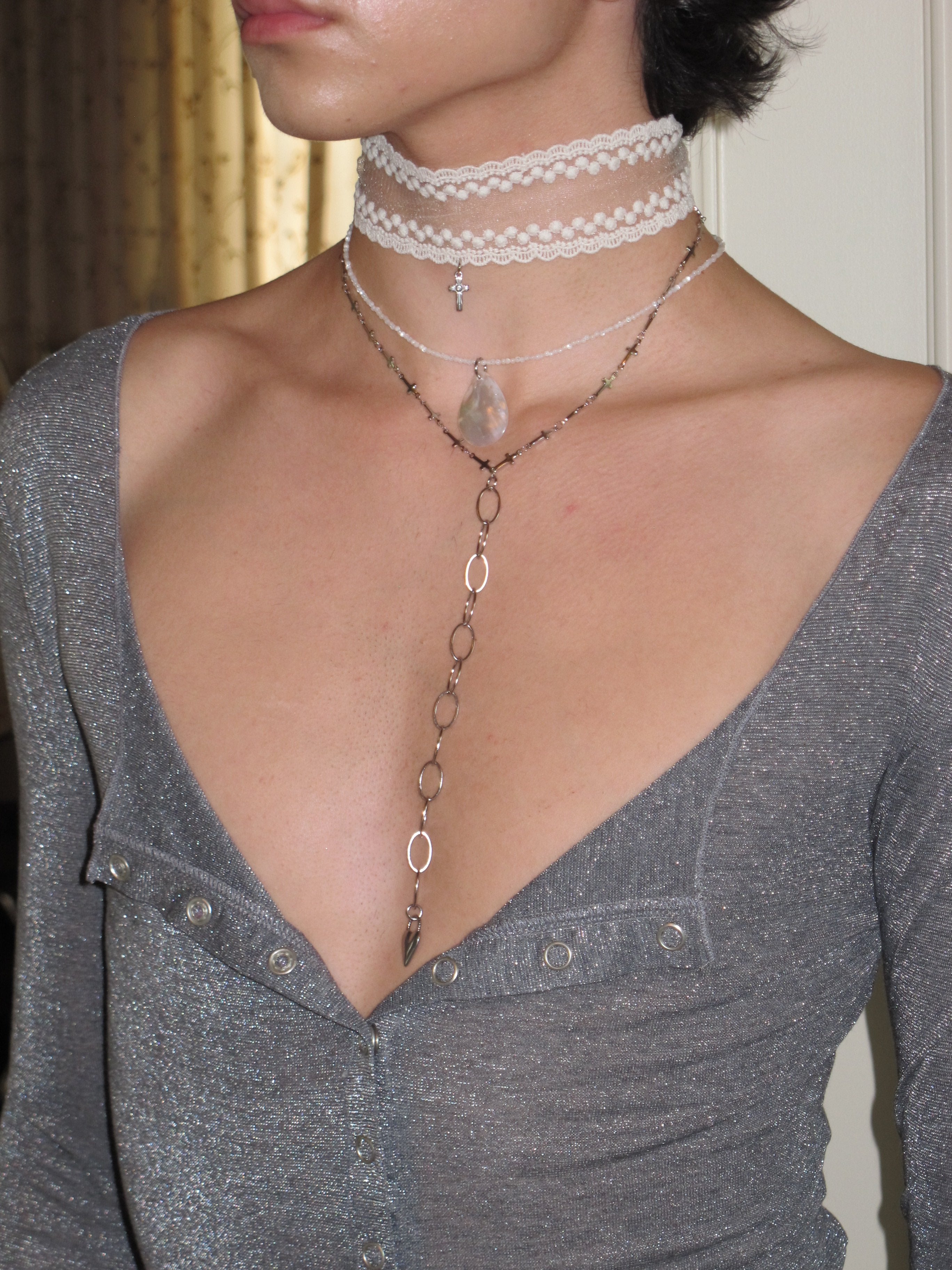PROD 2PC Set Undine Lace & Teardrop Necklace Set /White