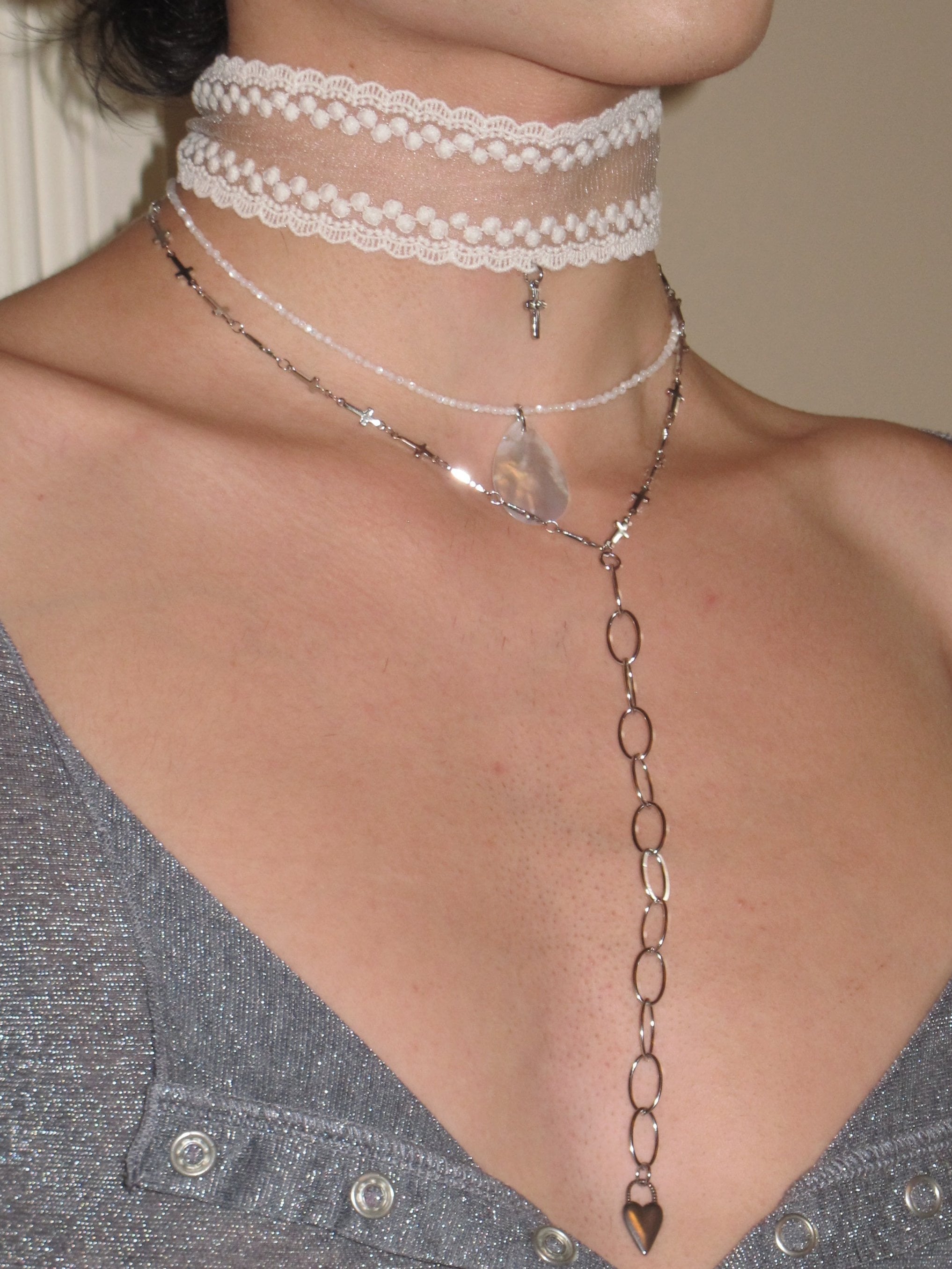 PROD 2PC Set Undine Lace & Teardrop Necklace Set /White