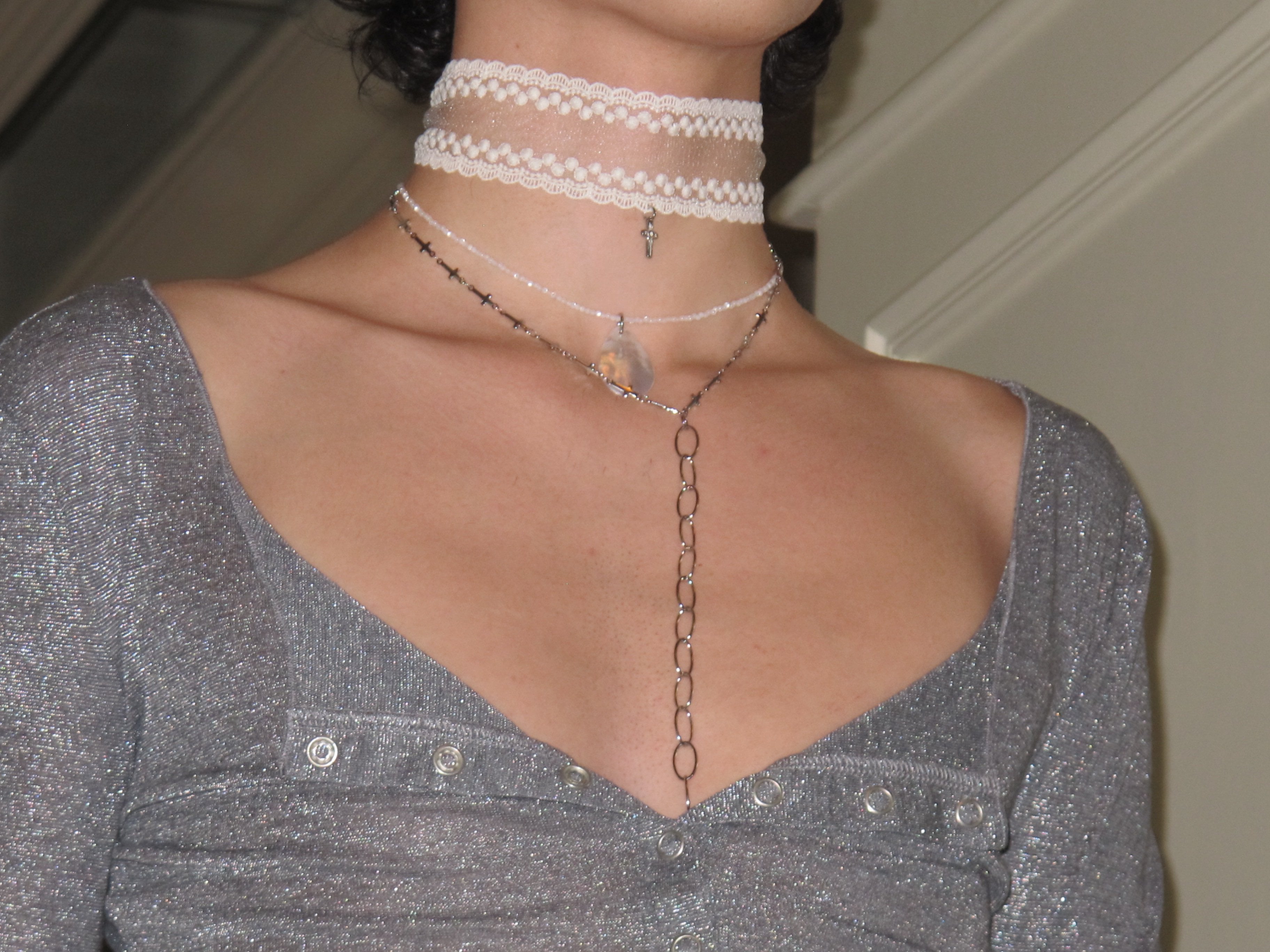 PROD 2PC Set Undine Lace & Teardrop Necklace Set /White