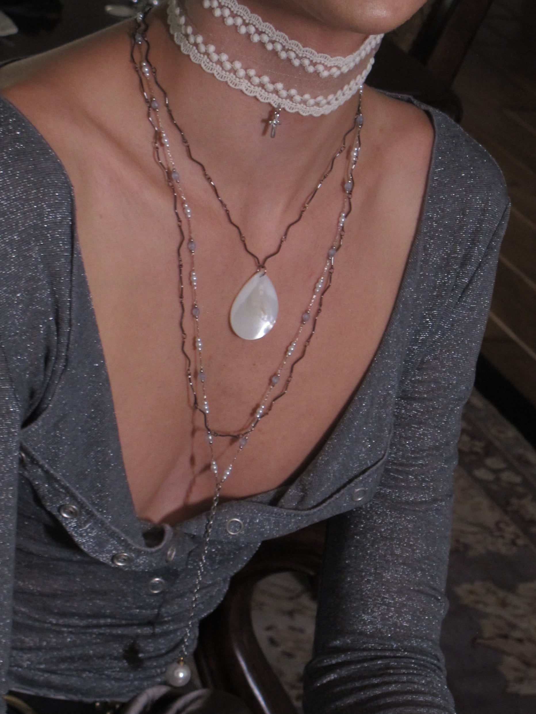PROD 2PC Set Undine Lace & Teardrop Necklace Set /White