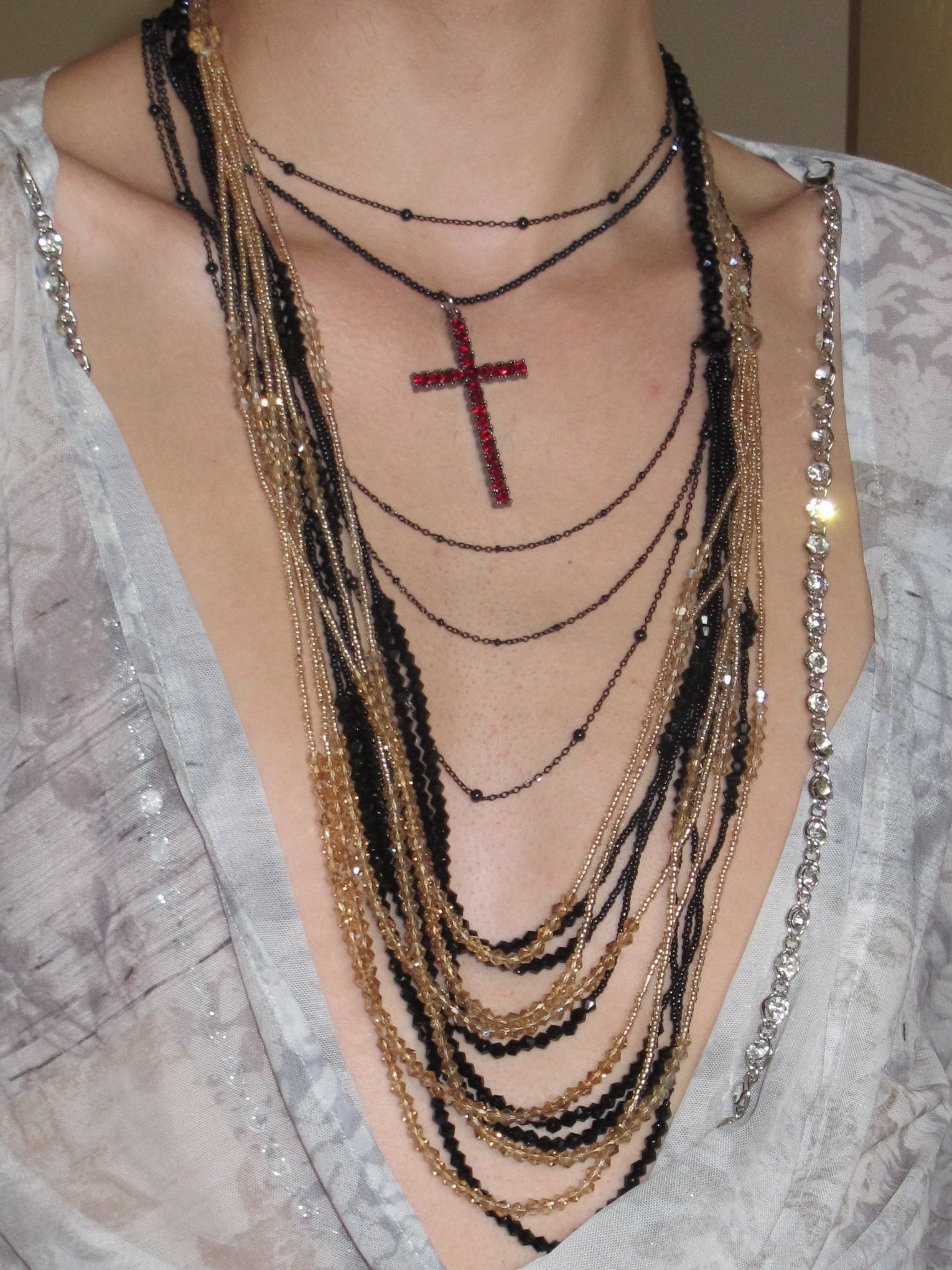 PROD 3PC Set Crimson Cross & Draped Chain Necklace Set