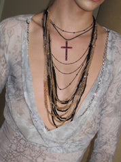 PROD 3PC Set Crimson Cross & Draped Chain Necklace Set