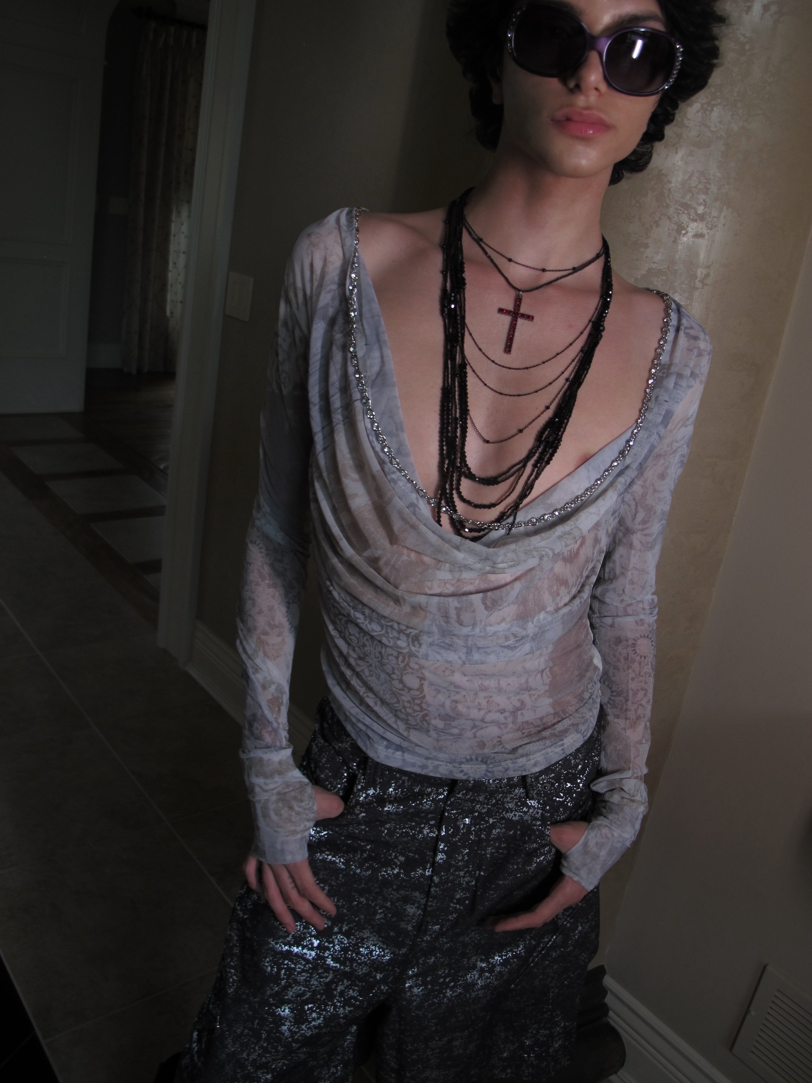PROD 3PC Set Crimson Cross & Draped Chain Necklace Set