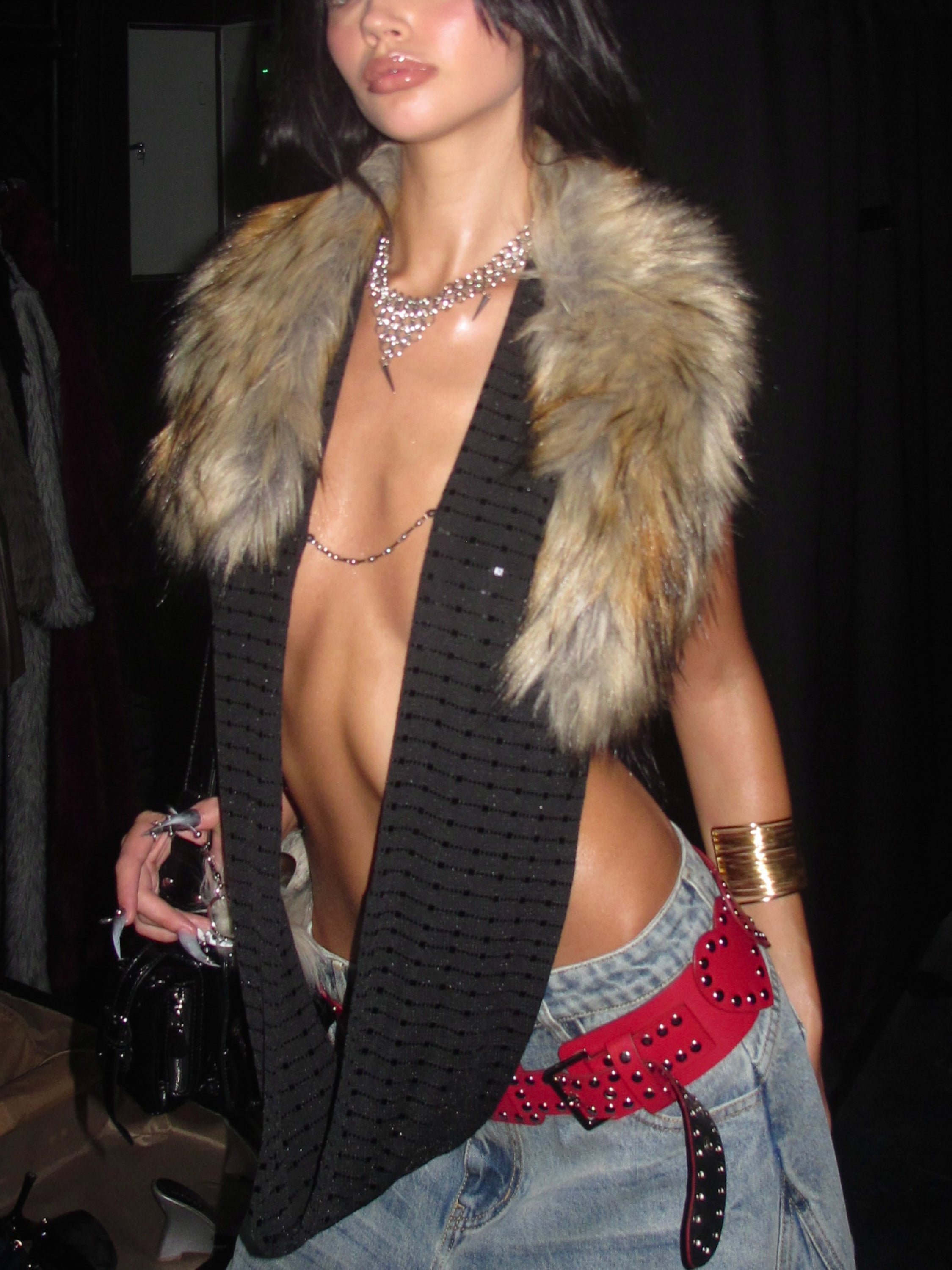 In-stock Hotline Halter Top with Detachable Faux Fur Collar