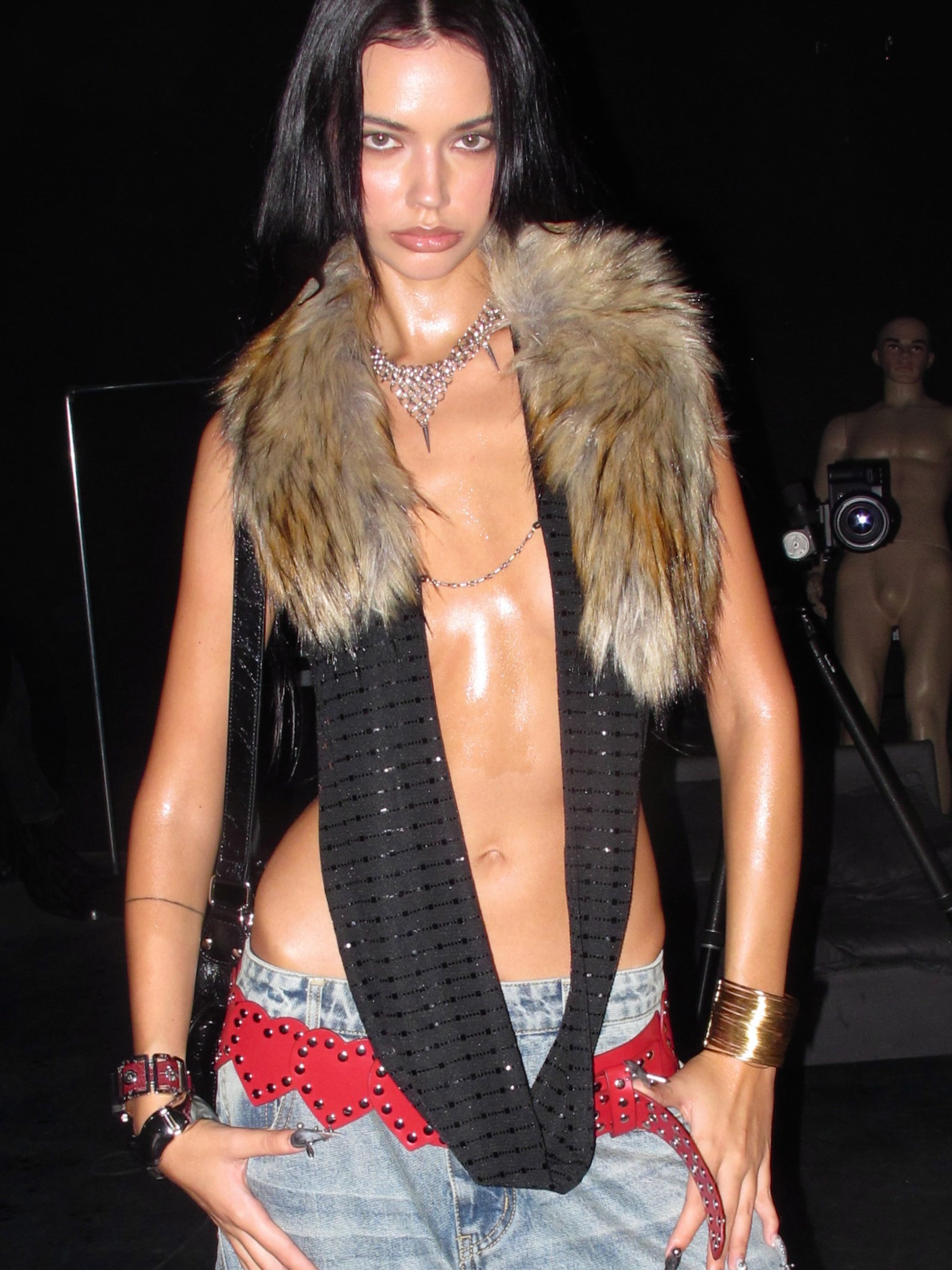  In-stock Hotline Halter Top with Detachable Faux Fur Collar