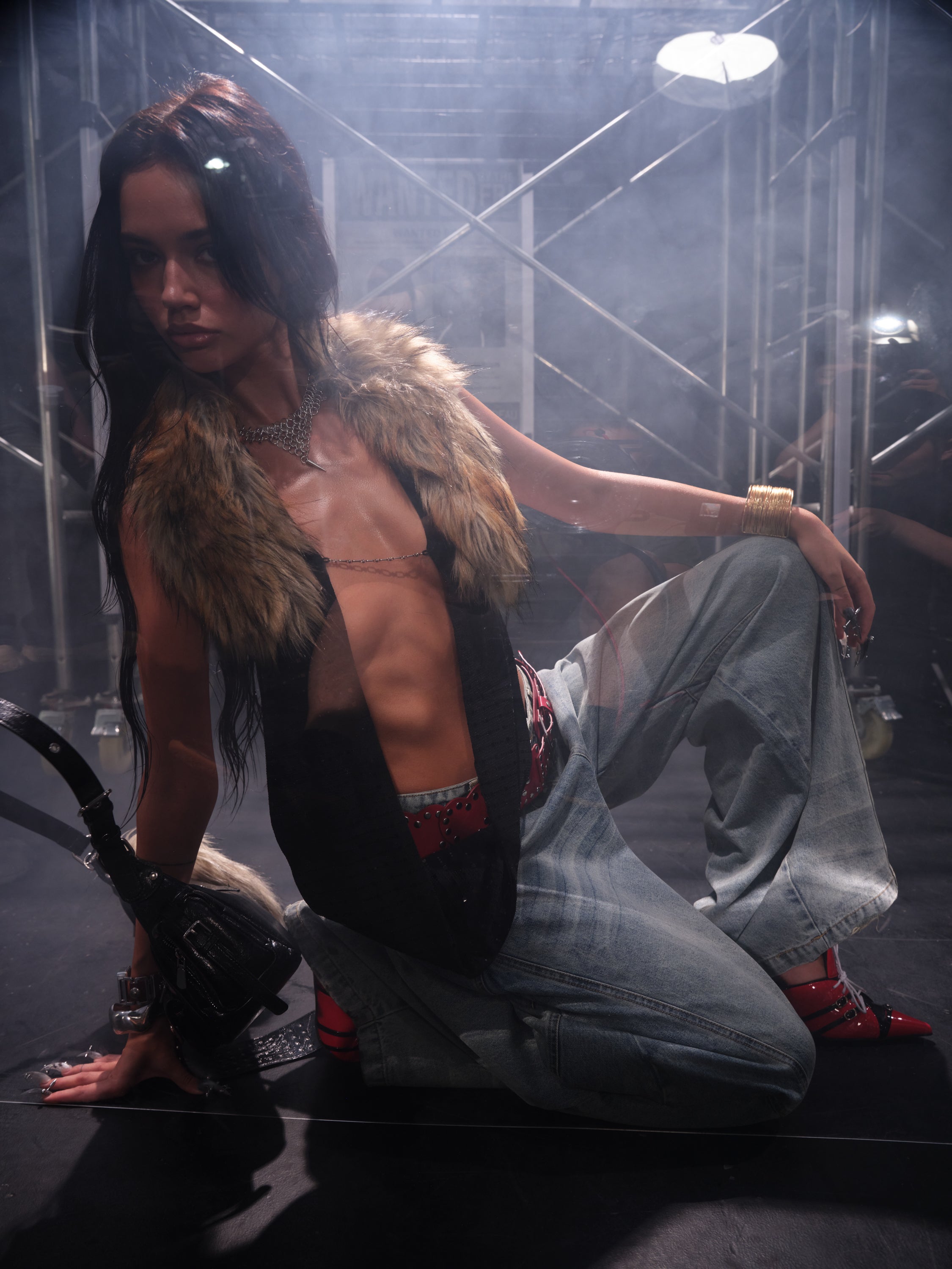 PROD Black / One size / In-stock Hotline Halter Top with Detachable Faux Fur Collar