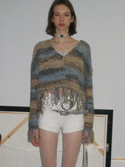 PROD Bldg 2023 winter 2 Blue-light coffee / XS / In-stock Striped Fringed Cardigan