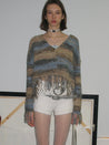 PROD Bldg 2023 winter 2 Blue-light coffee / XS / In-stock Striped Fringed Cardigan