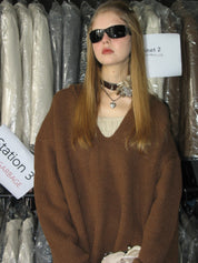 PROD Bldg 2023 winter 2 Brown Hooded V-Neck Sweater