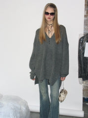 PROD Bldg 2023 winter 2 Gray Hooded V-Neck Sweater