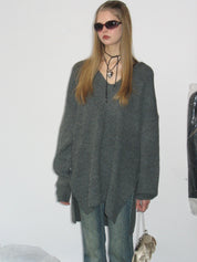 PROD Bldg 2023 winter 2 Gray Hooded V-Neck Sweater