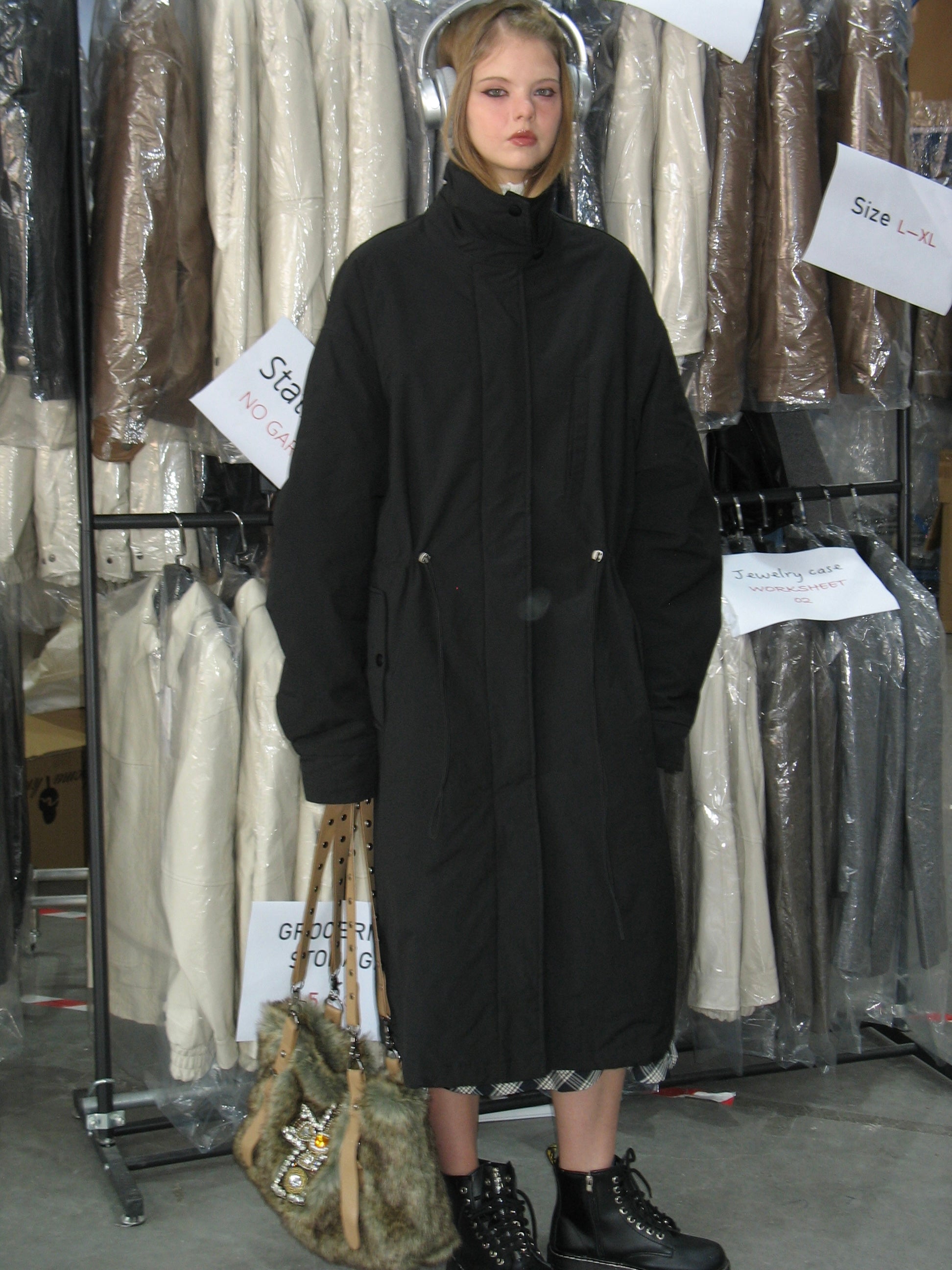 PROD Bldg 2023 winter 2 S / Black Drawstring Waist Long Winter Coat