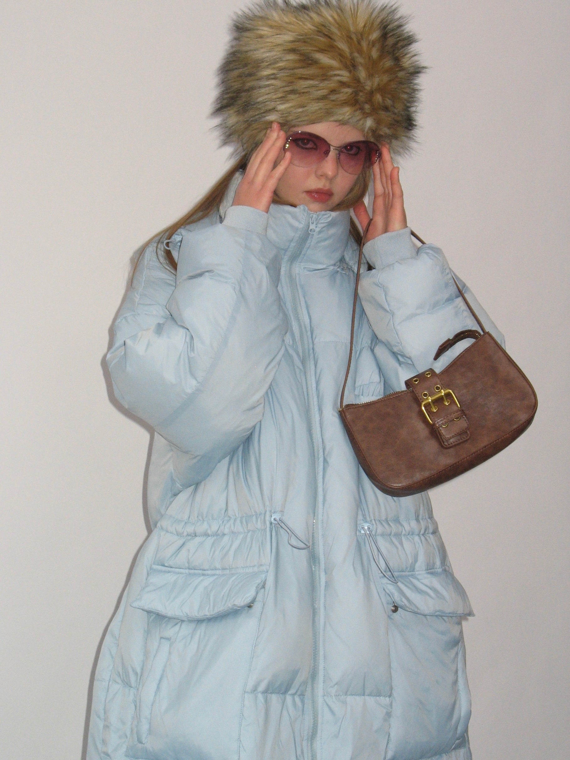  light blue Beige Hooded Long Down Jacket