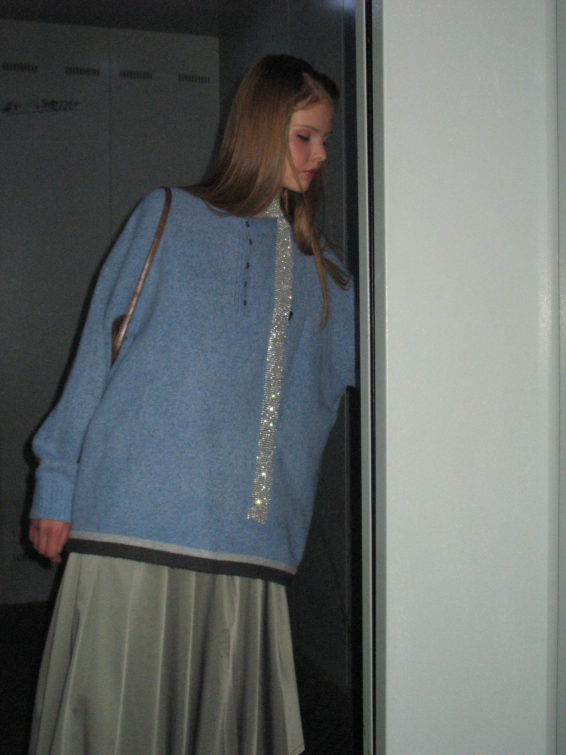PROD Bldg 2023 winter 2 S / light blue Henley Bottom Edge Striped Sweater