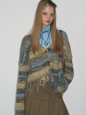 PROD Bldg 2023 winter 2 XS / Blue-light coffee / In-stock Striped Fringed Cardigan