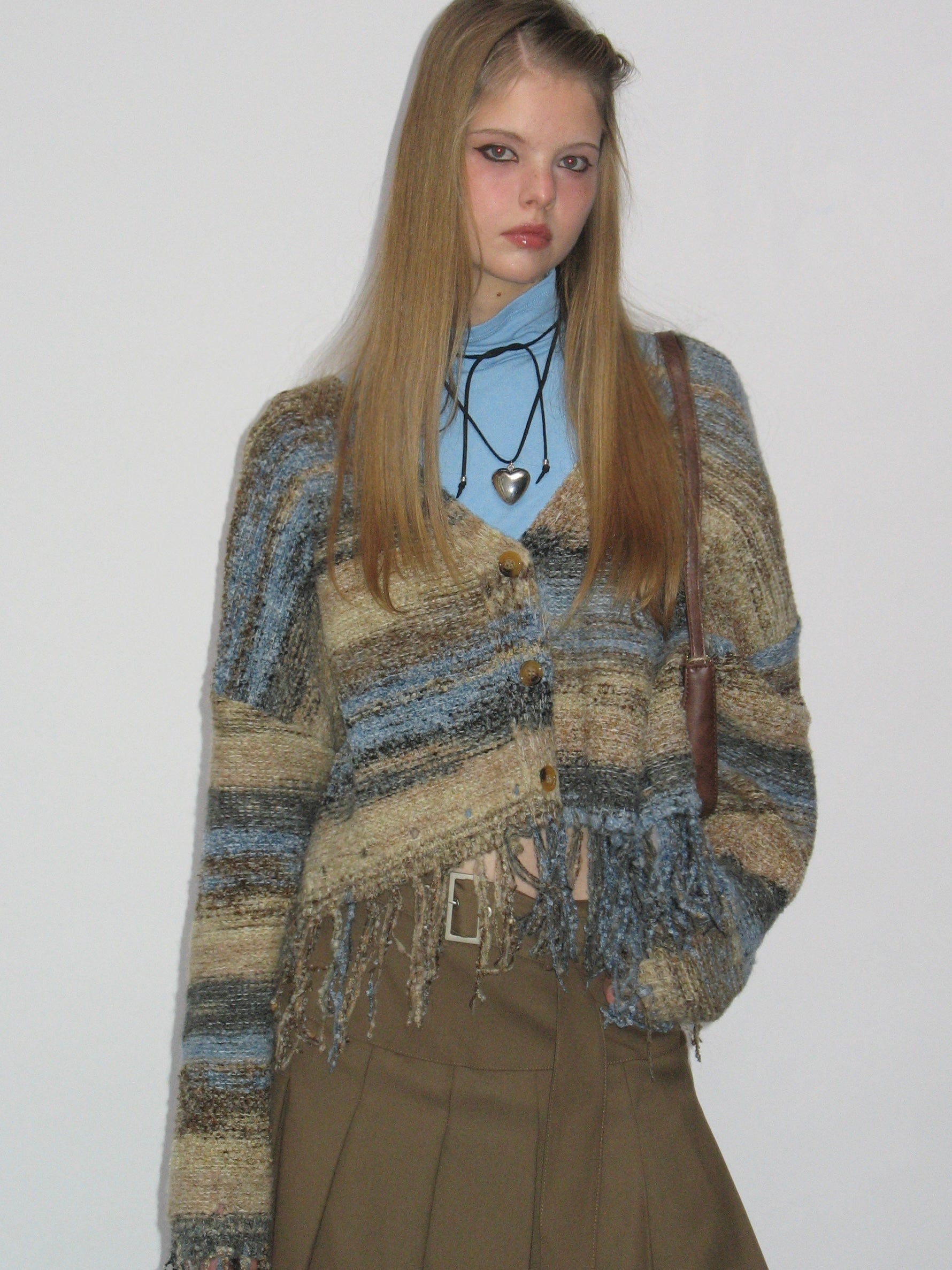 PROD Bldg 2023 winter 2 XS / Blue-light coffee / In-stock Striped Fringed Cardigan