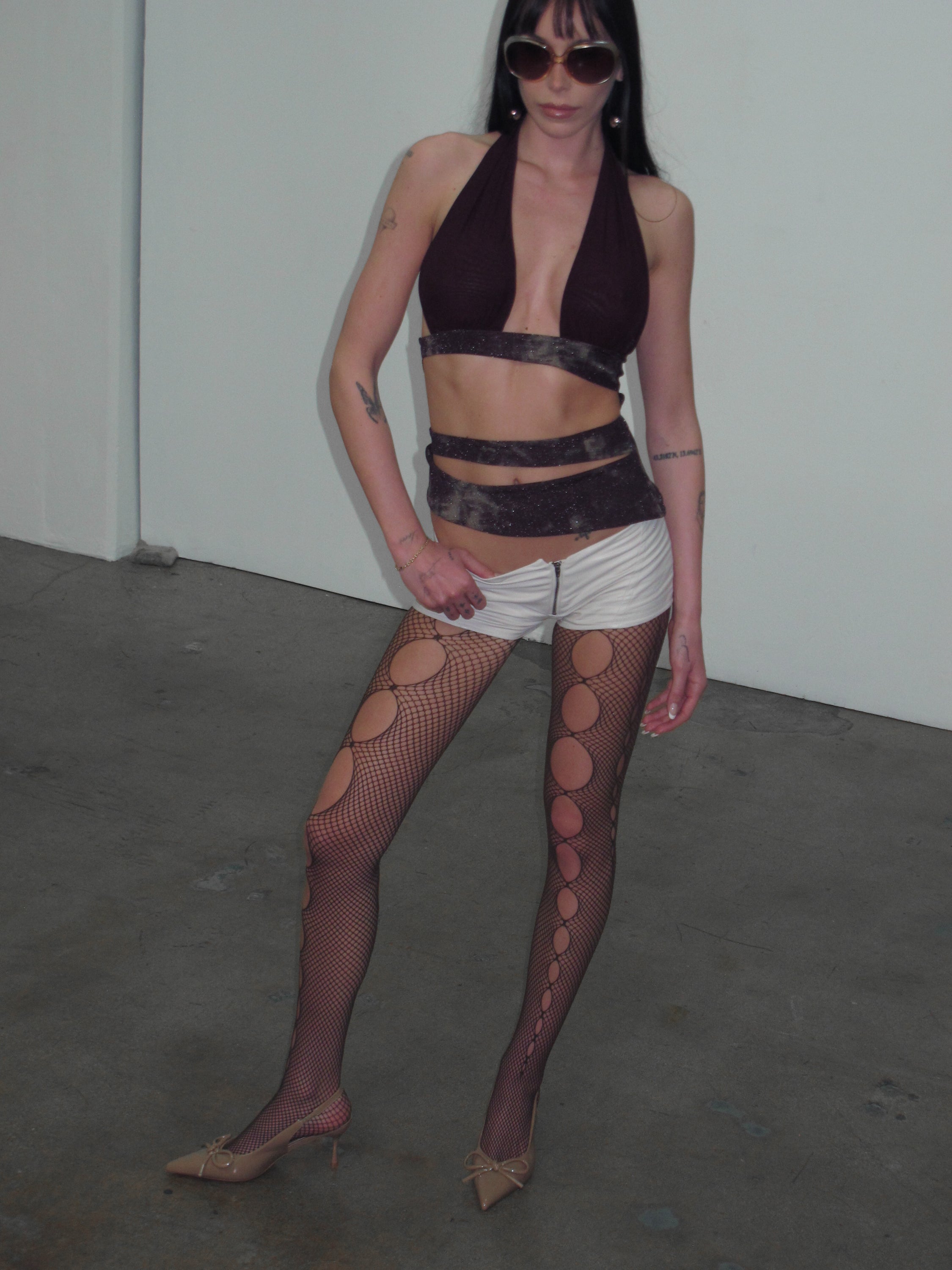 PROD Brown / One size Front & Side Cut Oval Fishnet Tights