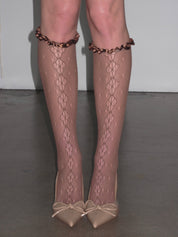 PROD Brown / One size Ruffled Cutout Fishnet Knee Socks