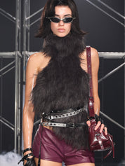 PROD Dark Gray / One size / In-stock Lilith Faux Fur High Neck Top (With Belts)