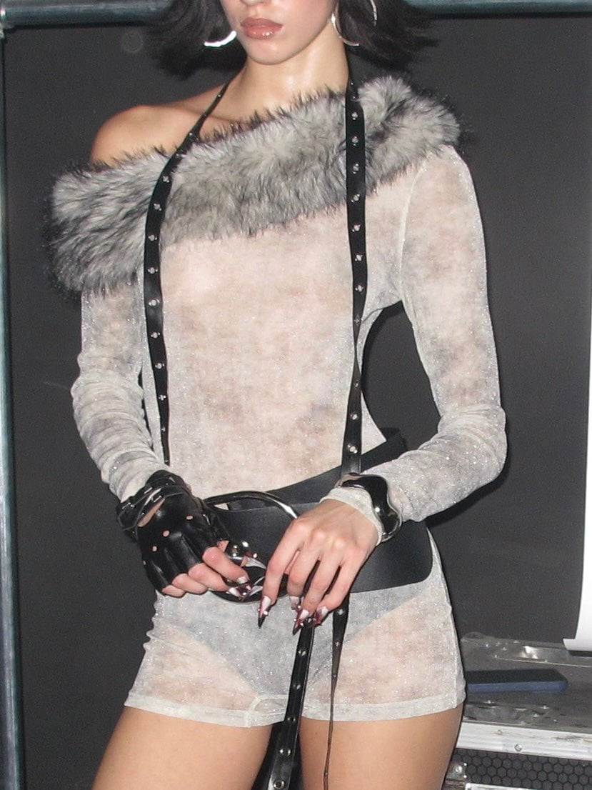 PROD Faux Fur Collar Mesh Bodysuit