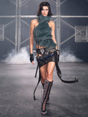 PROD green blue / One size / In-stock Lilith Faux Fur High Neck Top (With Belts)