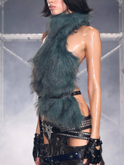 PROD green blue / One size / In-stock Lilith Faux Fur High Neck Top (With Belts)