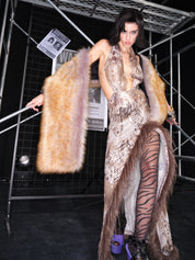 PROD Leo Faux Fur Trim Halter Neck Maxi Dress