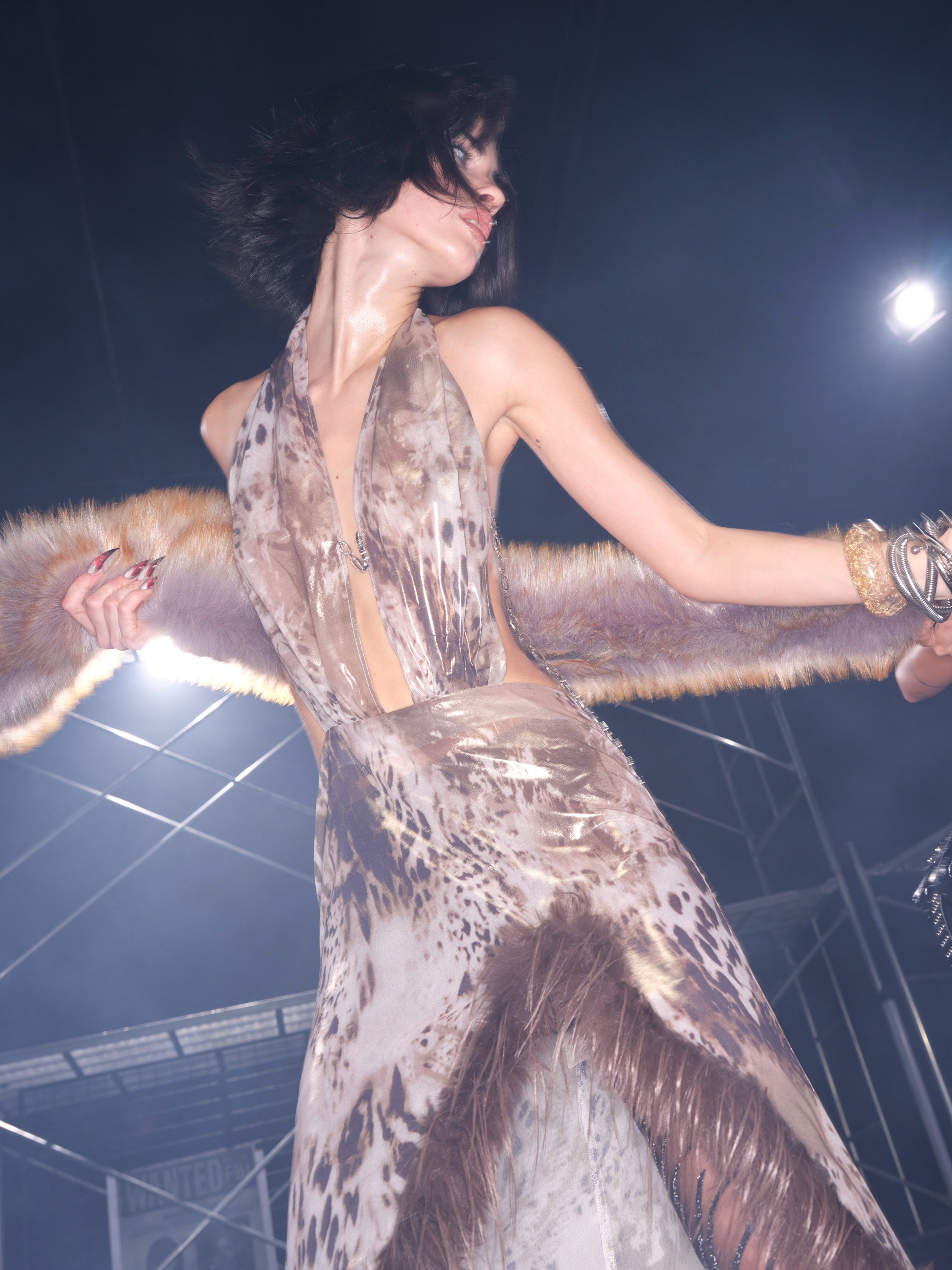 PROD Leo Faux Fur Trim Halter Neck Maxi Dress