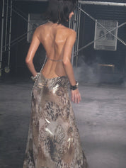 PROD Leo Faux Fur Trim Halter Neck Maxi Dress