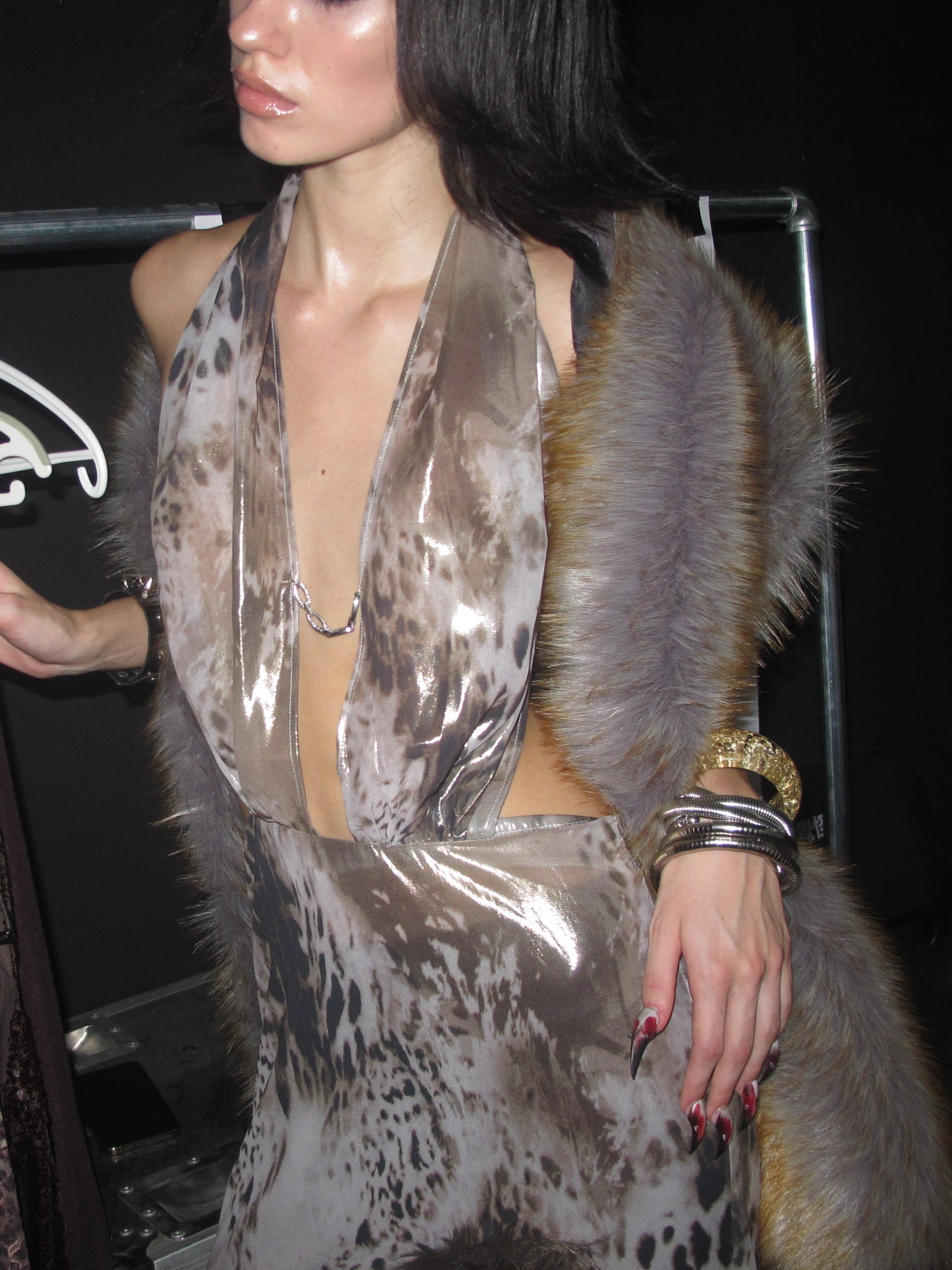 PROD Leo Faux Fur Trim Halter Neck Maxi Dress