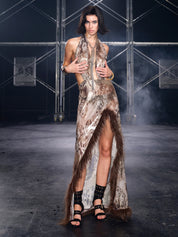 PROD Leo Faux Fur Trim Halter Neck Maxi Dress