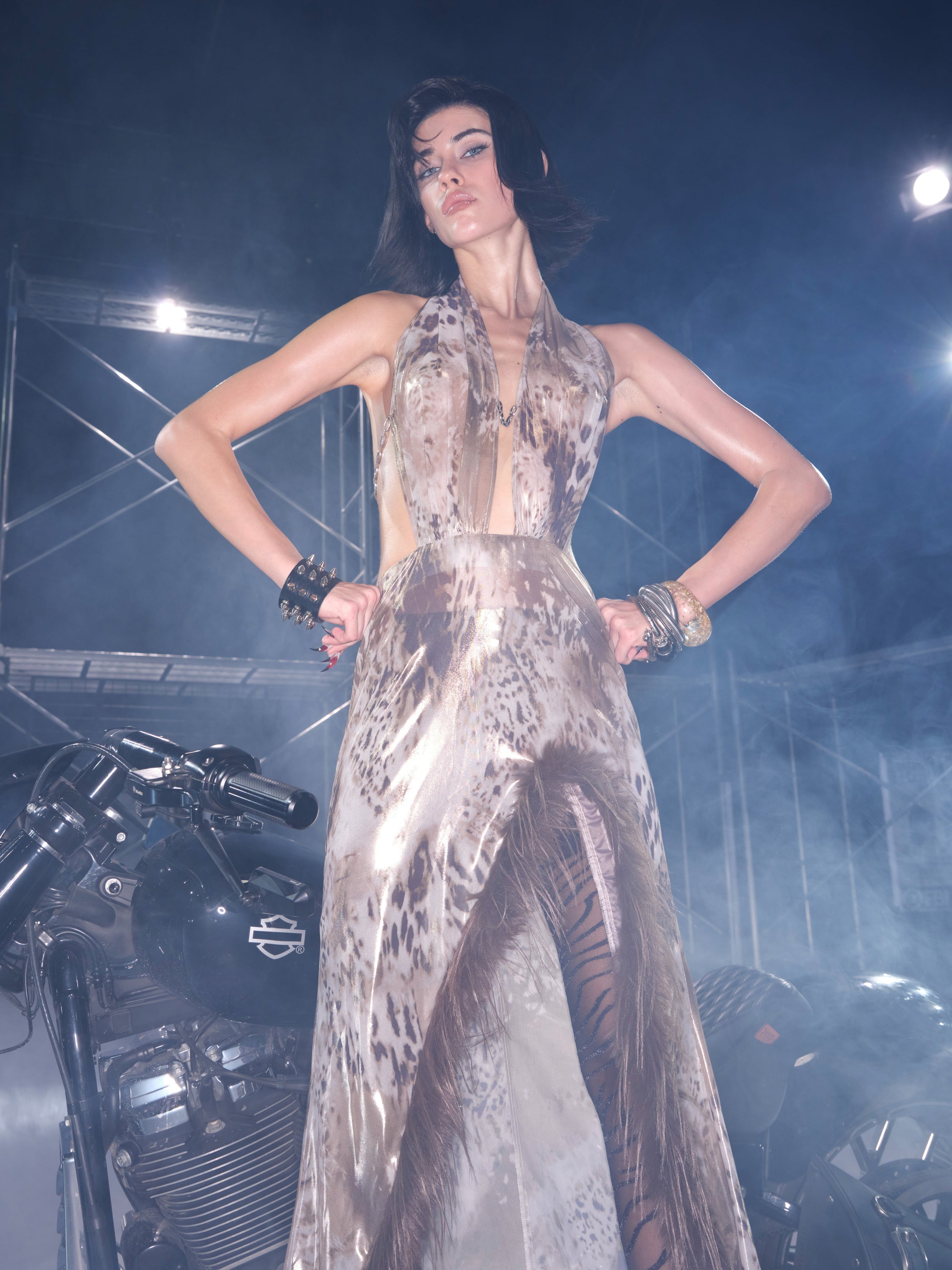 PROD Leo Faux Fur Trim Halter Neck Maxi Dress