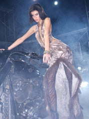 PROD Leo Faux Fur Trim Halter Neck Maxi Dress