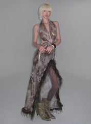 PROD Leo Faux Fur Trim Halter Neck Maxi Dress