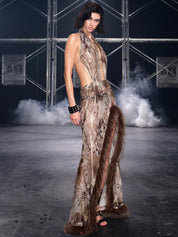 PROD Leopard / XS / In-stock Leo Faux Fur Trim Halter Neck Maxi Dress