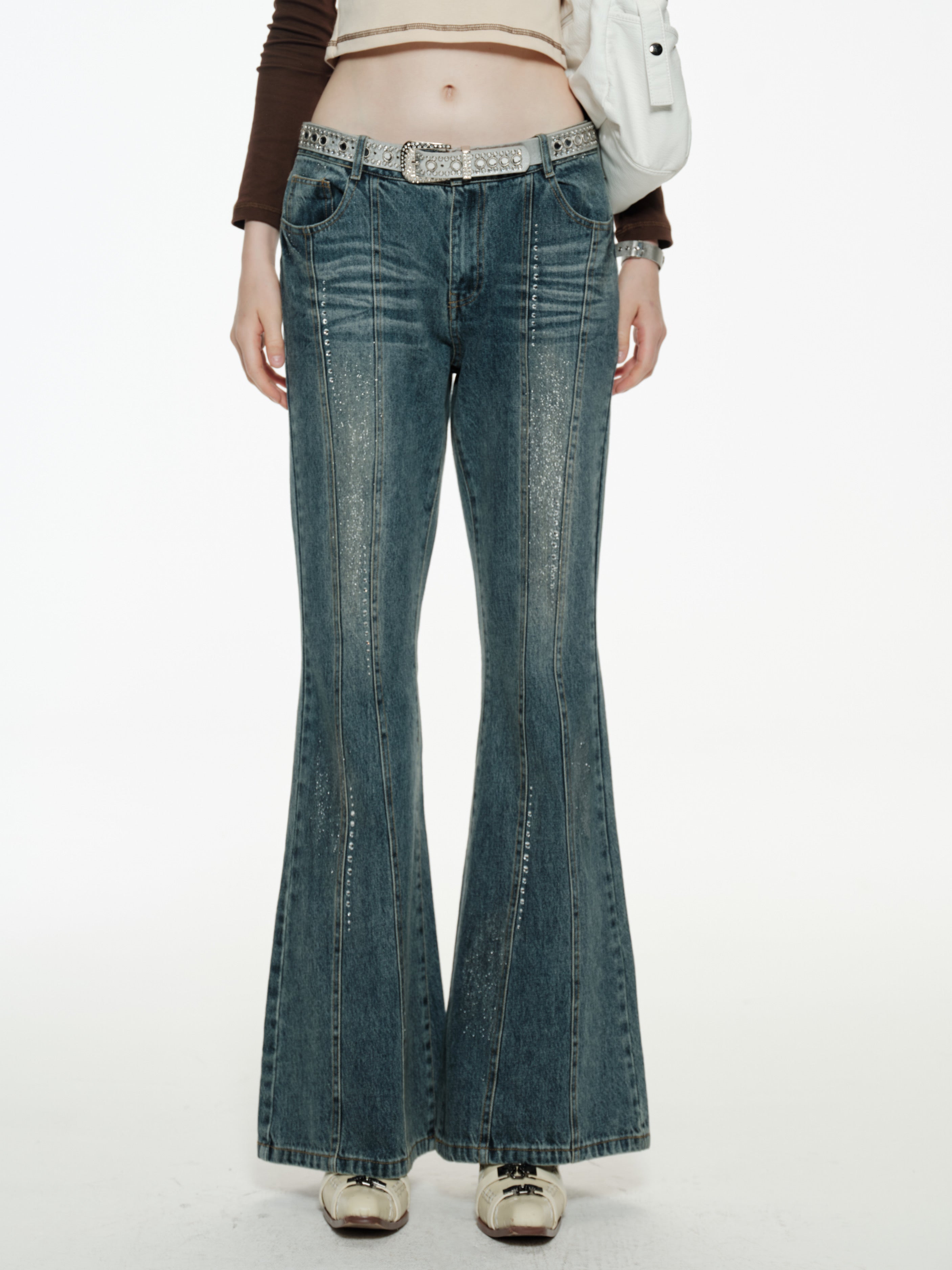  Blue Low Waisted Rhinestone Flare Jeans