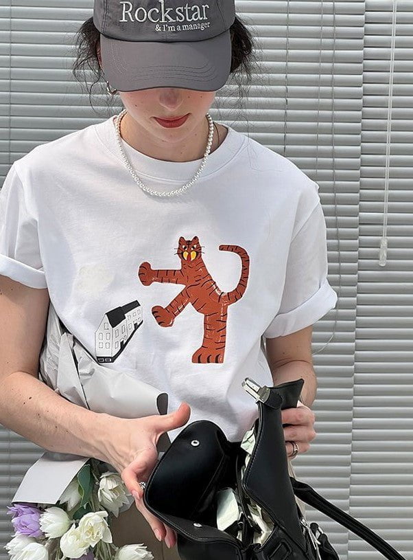 PROD PROD LAB T-SHIRTS Tiger House Graphic Basic Short Sleeve T-Shirt / White