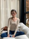 PROD  S / Beige / Slim Fit Gardenia Fairy Scoop Neck Long Sleeve T-shirt