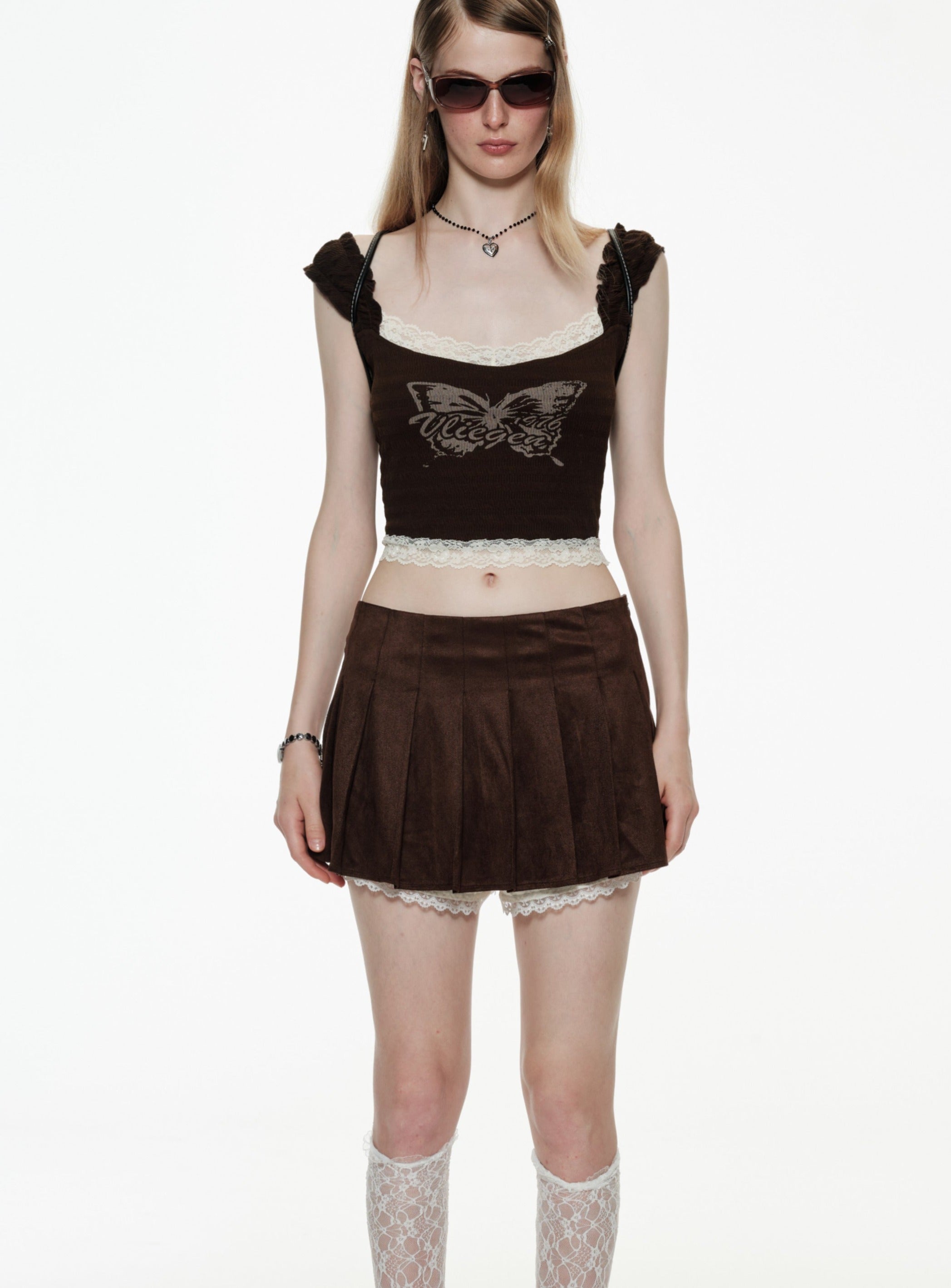 PROD S / Dark Brown Butterfly Lace Crop Tank