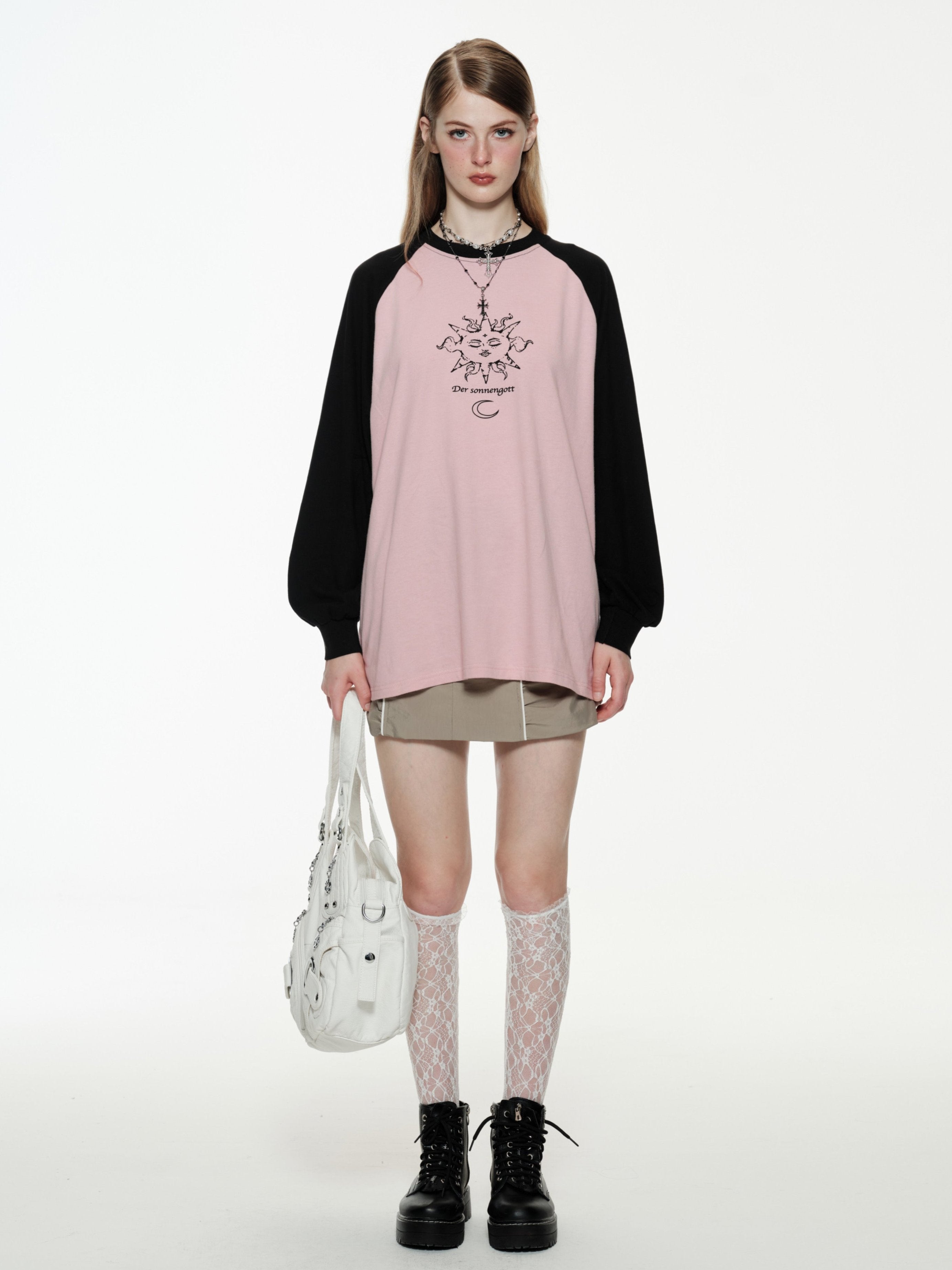  Pink Black Apollo Raglan Loose Sweatshirt