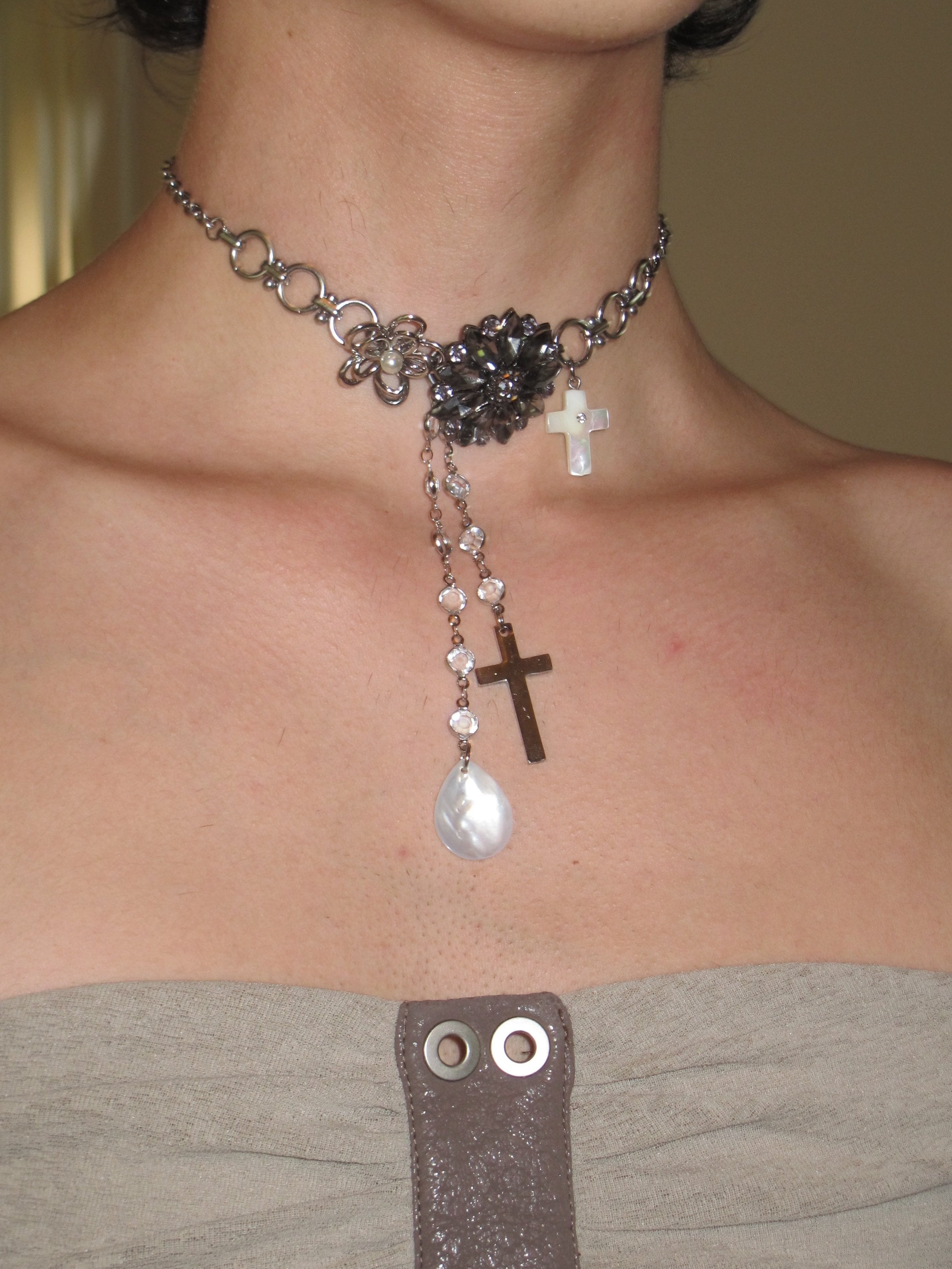PROD Silver Oriana Floral Cross Drop Choker