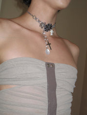 PROD Silver Oriana Floral Cross Drop Choker