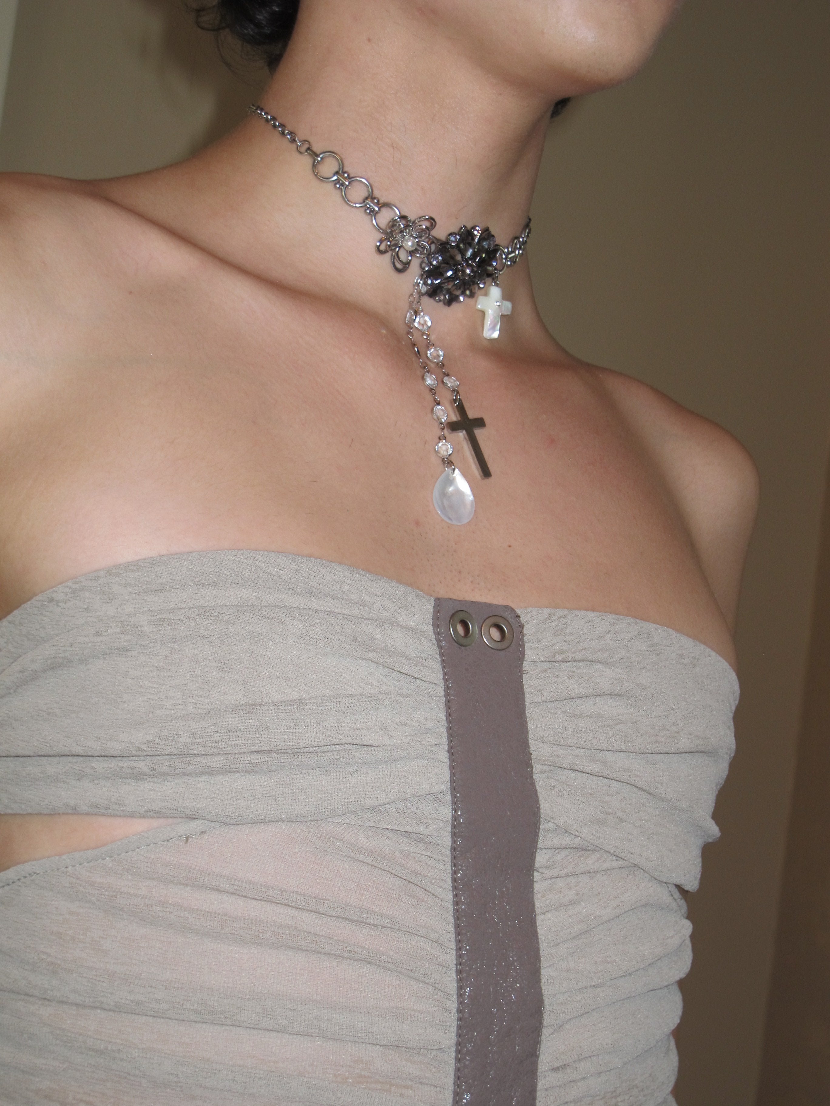 PROD Silver Oriana Floral Cross Drop Choker