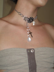PROD Silver Oriana Floral Cross Drop Choker