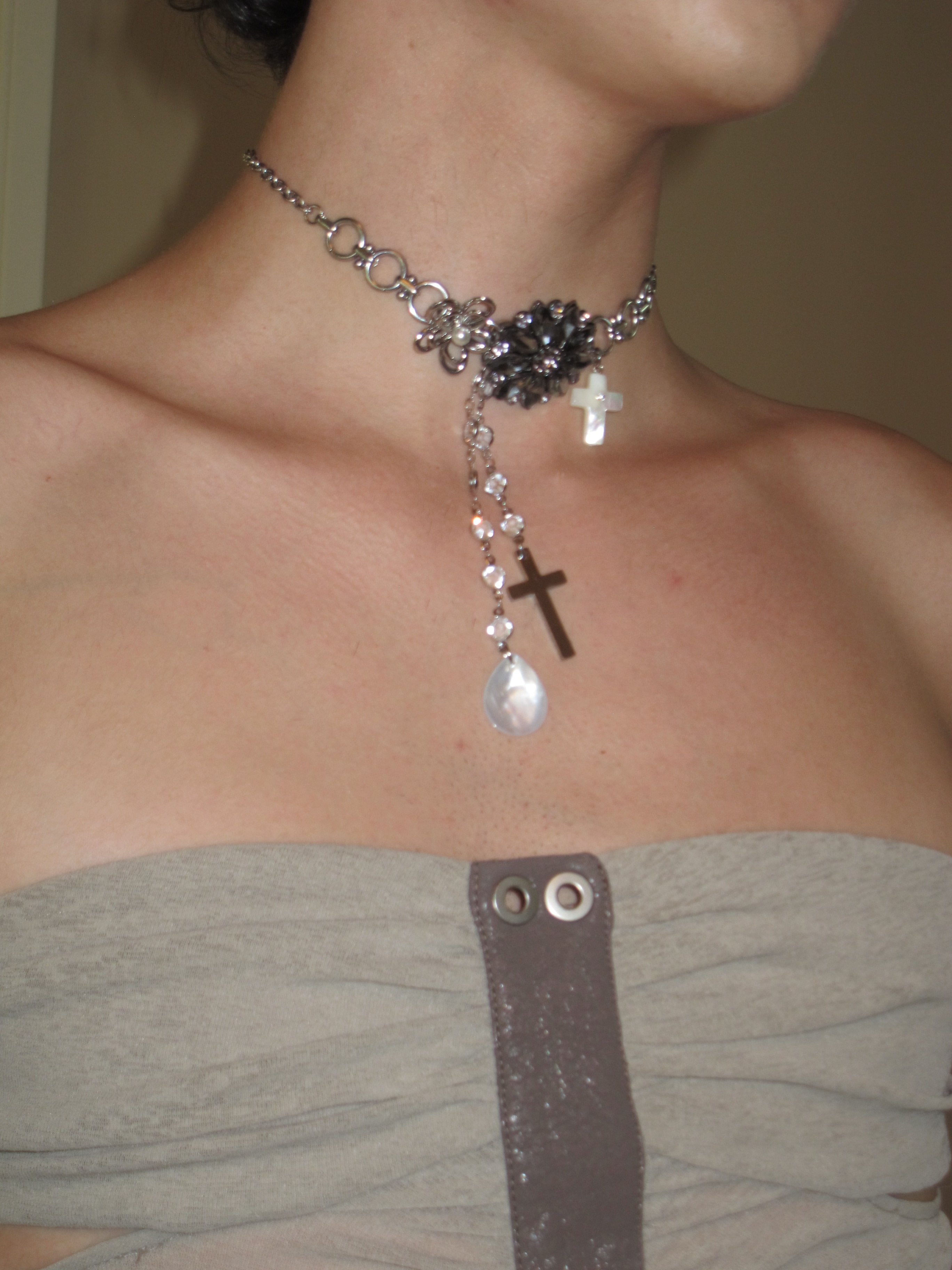 PROD Silver Oriana Floral Cross Drop Choker